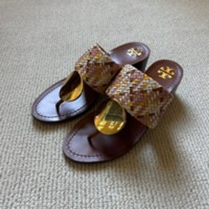 🌿Tory Burch Women’s Patos Disk Neutral woven Nappa leather sandals size …